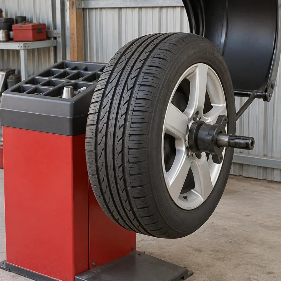 Wheel and tire mounted on a tire balancing machine