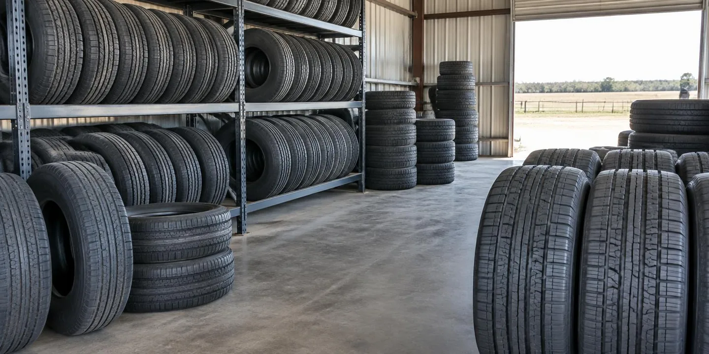 Rows of tires on racks and on a concrete floor in an open workshop bay